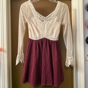 Lace Long Sleeve Dress in Cream and Burgundy